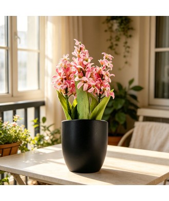 Simulated Pink Hydrangea Matte Black Flowerpot Decoration