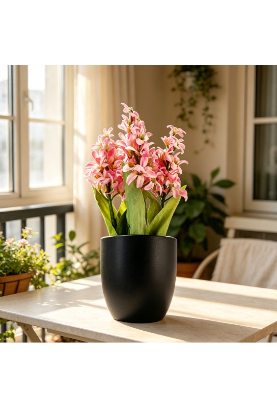 Simulated Pink Hydrangea Matte Black Flowerpot Decoration