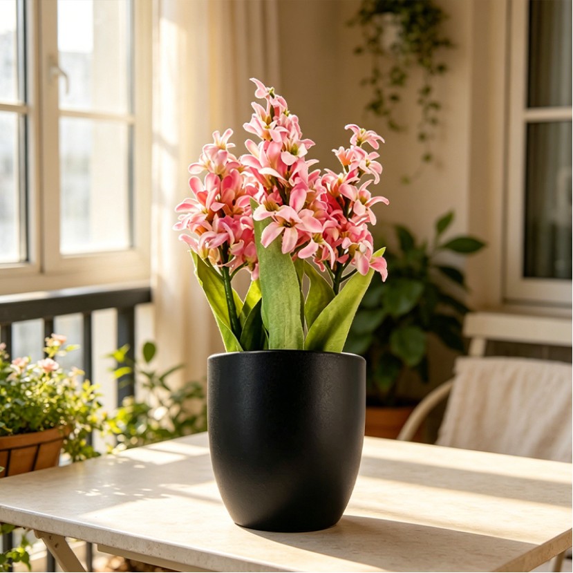 Simulated Pink Hydrangea Matte Black Flowerpot Decoration