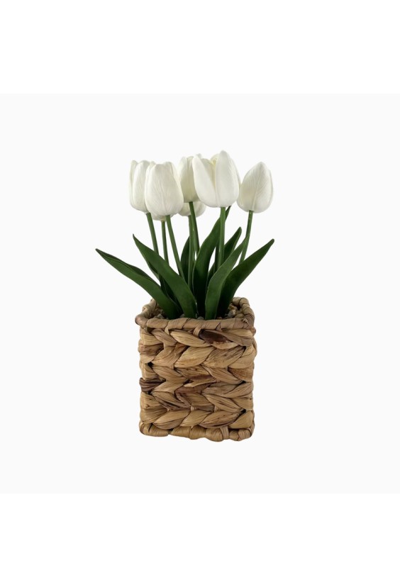 Handwoven Basket White Tulip Artificial Potted Plant