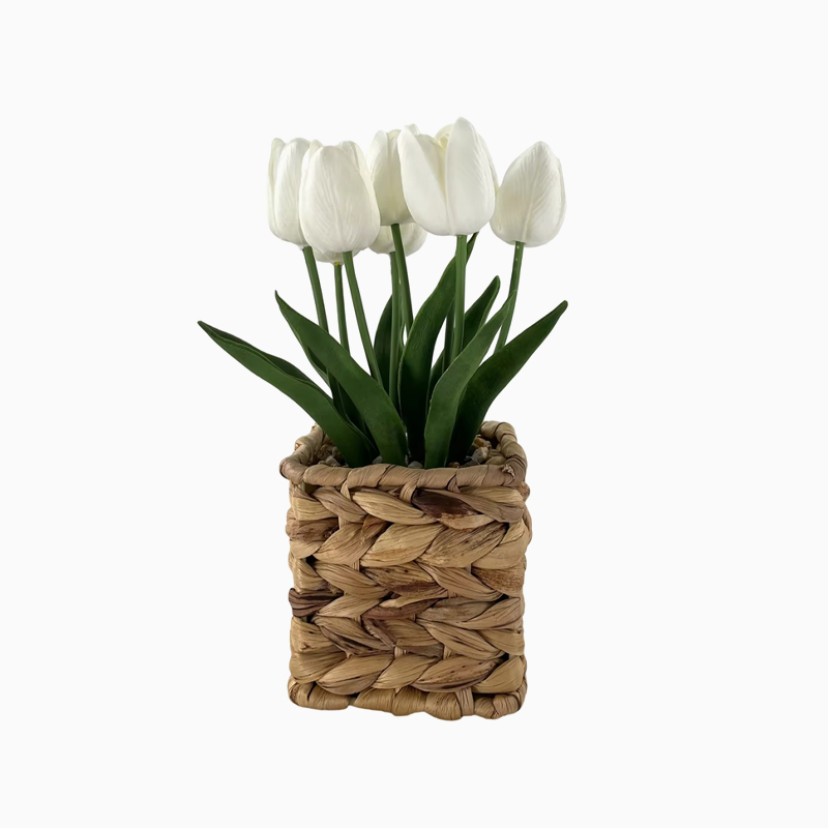 Handwoven Basket White Tulip Artificial Potted Plant
