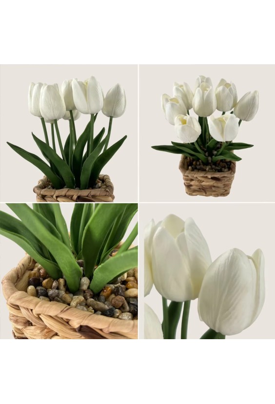Handwoven Basket White Tulip Artificial Potted Plant
