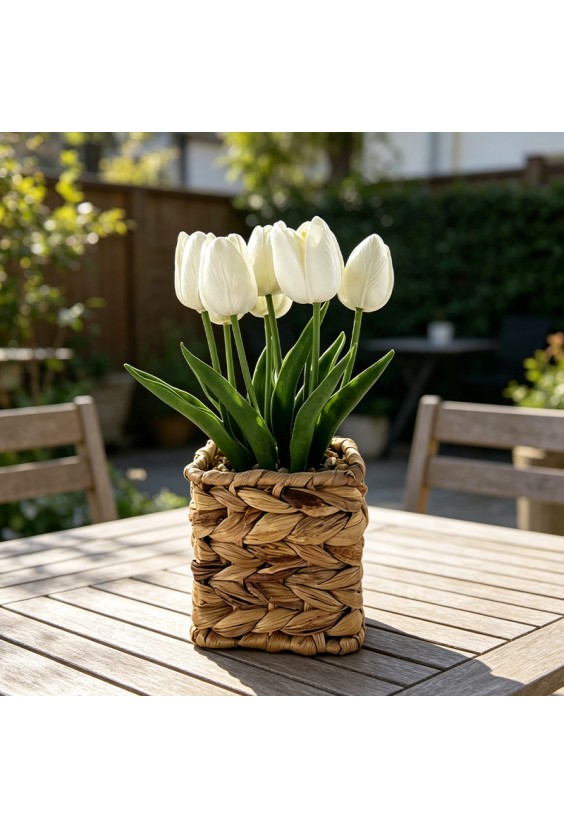 Handwoven Basket White Tulip Artificial Potted Plant