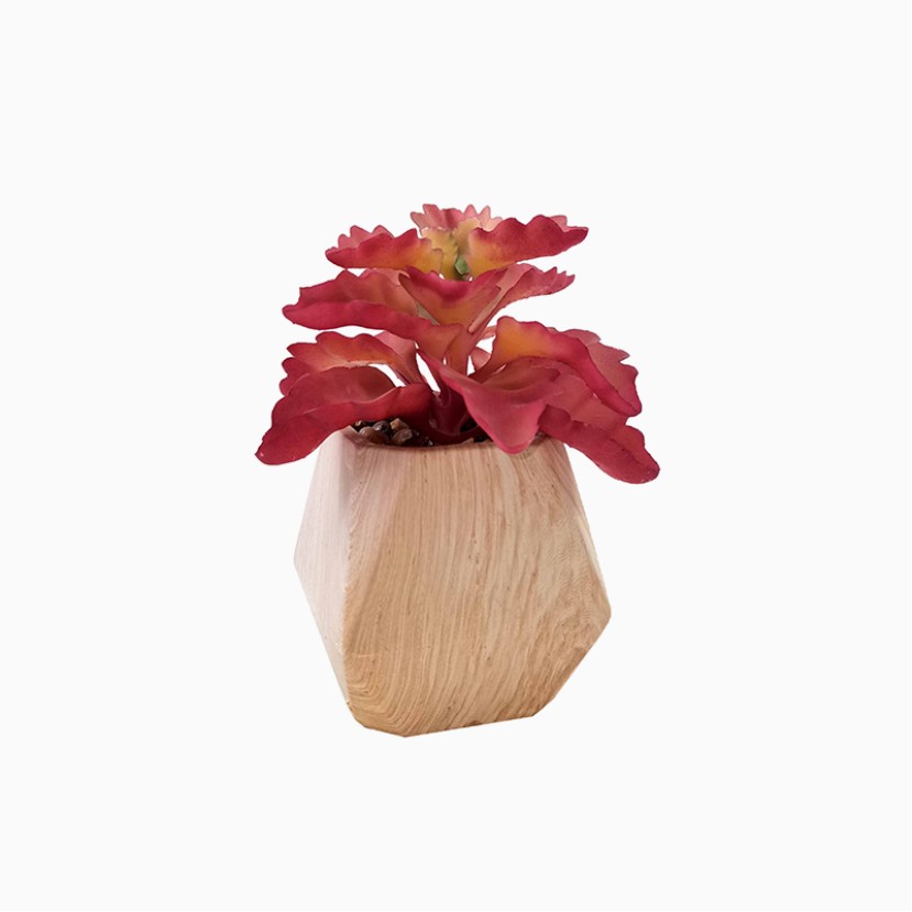 Simulated Red Stone Lotus Wooden Potted Plant