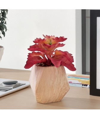 Simulated Red Stone Lotus Wooden Potted Plant