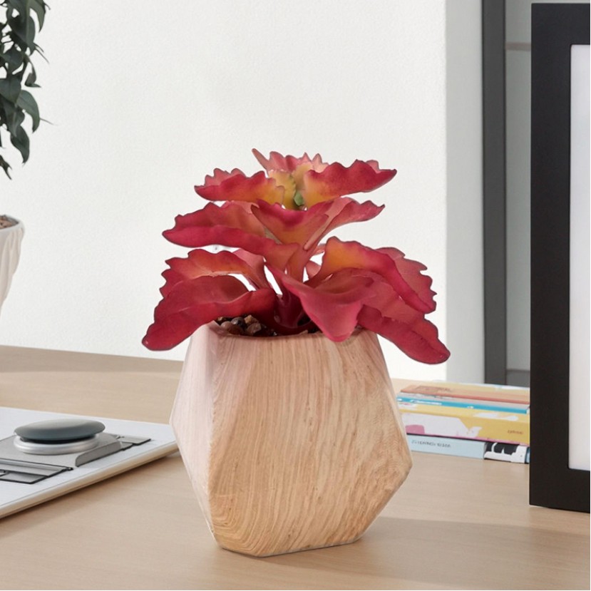 Simulated Red Stone Lotus Wooden Potted Plant