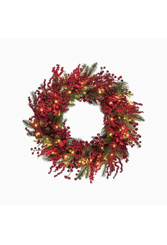 LED Berry-Embellished Christmas Wreath
