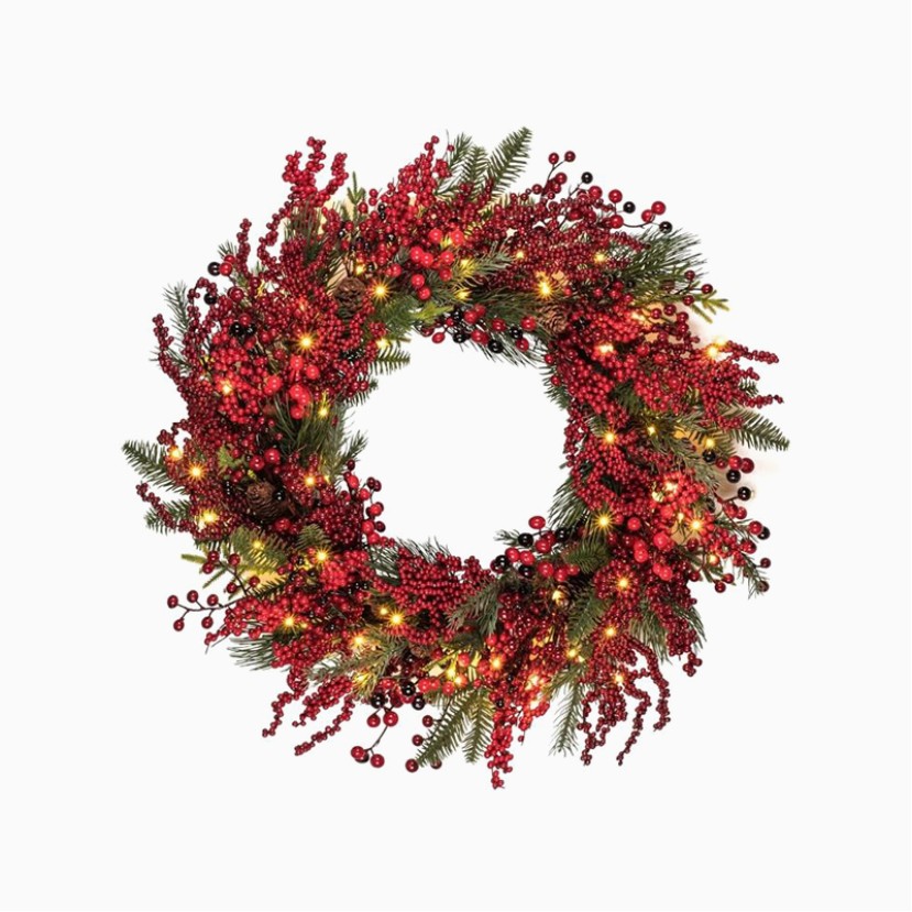 LED Berry-Embellished Christmas Wreath